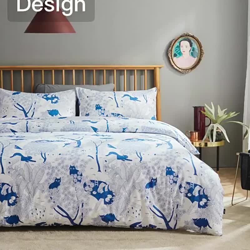 藍印喵 原創手繪貓咪空調薄被子蓋毯 加大雙人兒童夏天家居寢具 - 被子/毛毯 - 棉．麻 蓝色