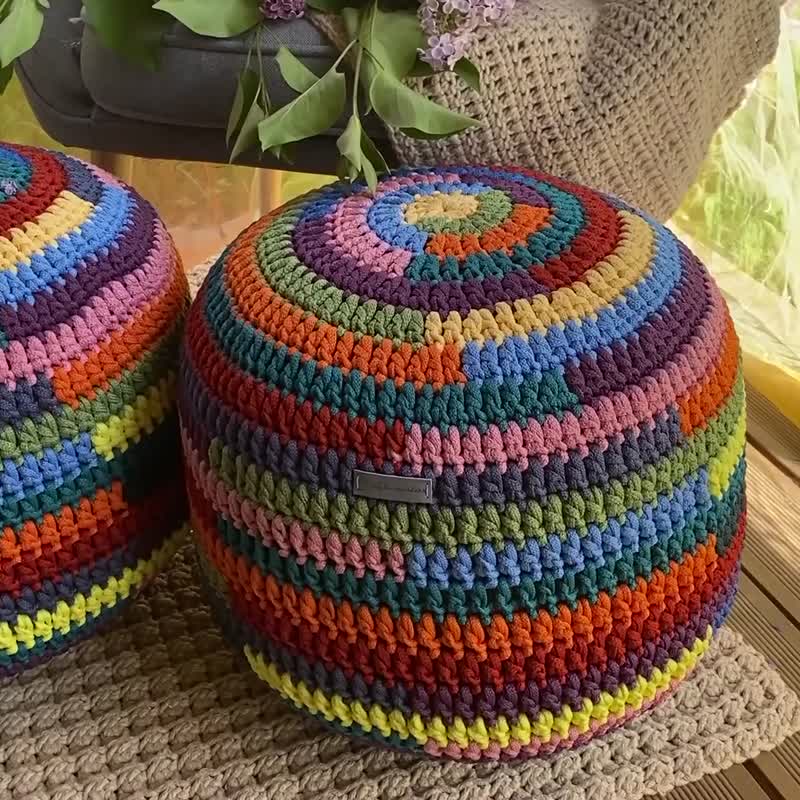 Multicolor ottoman pouf crochet Stuffed pouf Unique round pouffe - 椅子/沙发 - 聚酯纤维 