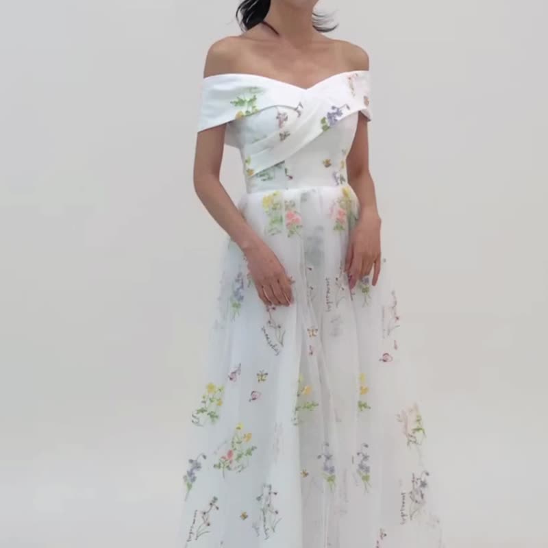 Dahlia Blanc 独家设计 露肩花朵刺绣婚纱 - 晚装/礼服 - 其他材质 白色