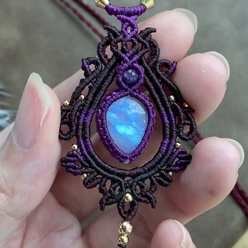 N608 蜡线编织 月亮石 紫水晶珠 铜珠 颈链 (可调长度) - 项链 - 宝石 紫色