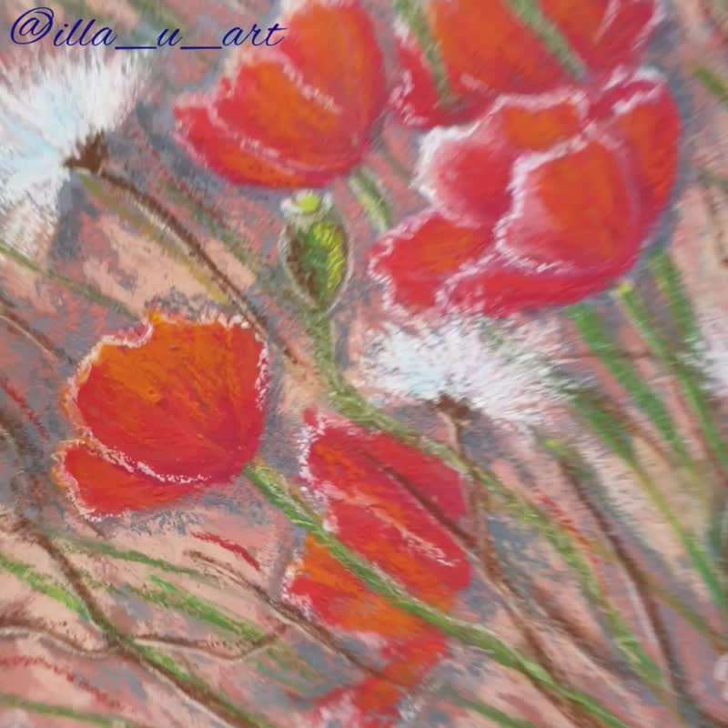 红色罂粟画野花原创艺术草地绘画油画粉彩画 - 墙贴/壁贴 - 纸 红色